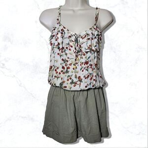 Mine Floral Strawberry Wide Leg Spaghetti Crisscross Strap Cottagecore Romper